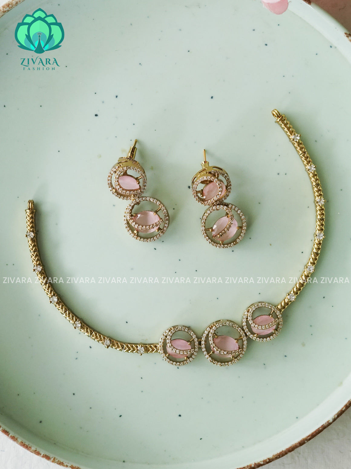PASTEL PINK CIRCLE HASLI -Traditional south indian premium neckwear with earrings- Zivara Fashion- latest jewellery design