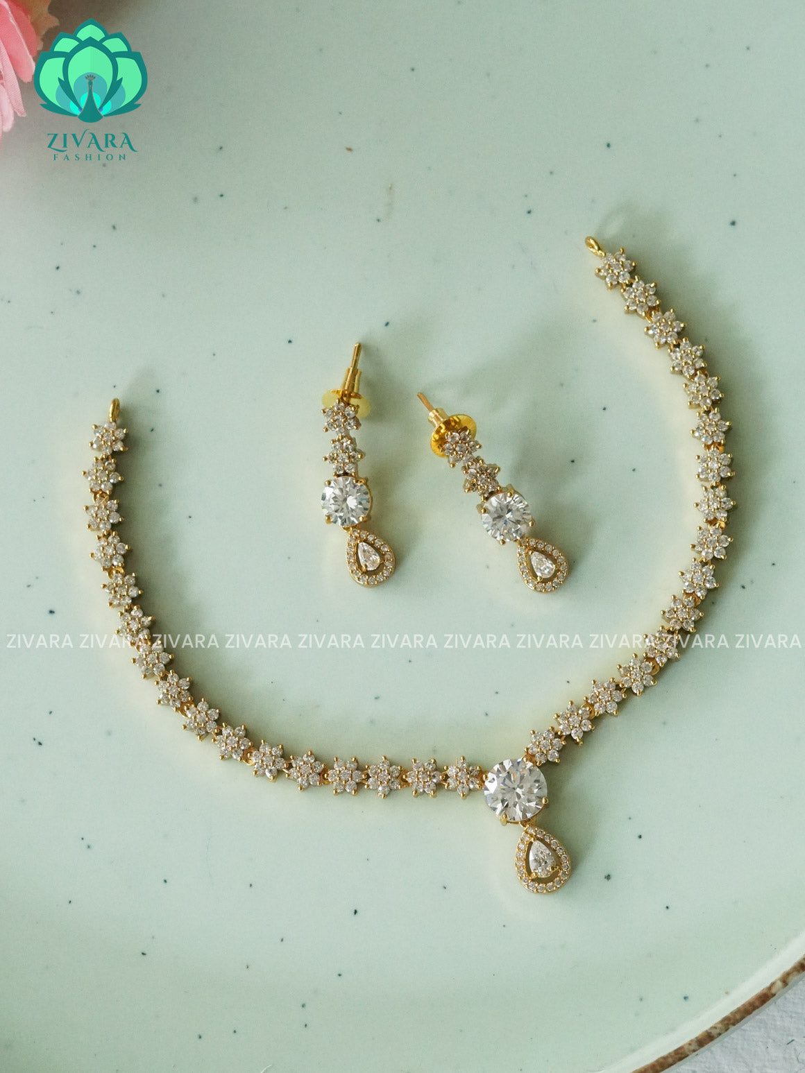 WHITE  - STAR MOTIF FREE  -PREMIUM SUBTLE GOLD FINISH  stylish and minimal elegant neckwear with earrings- Zivara Fashion