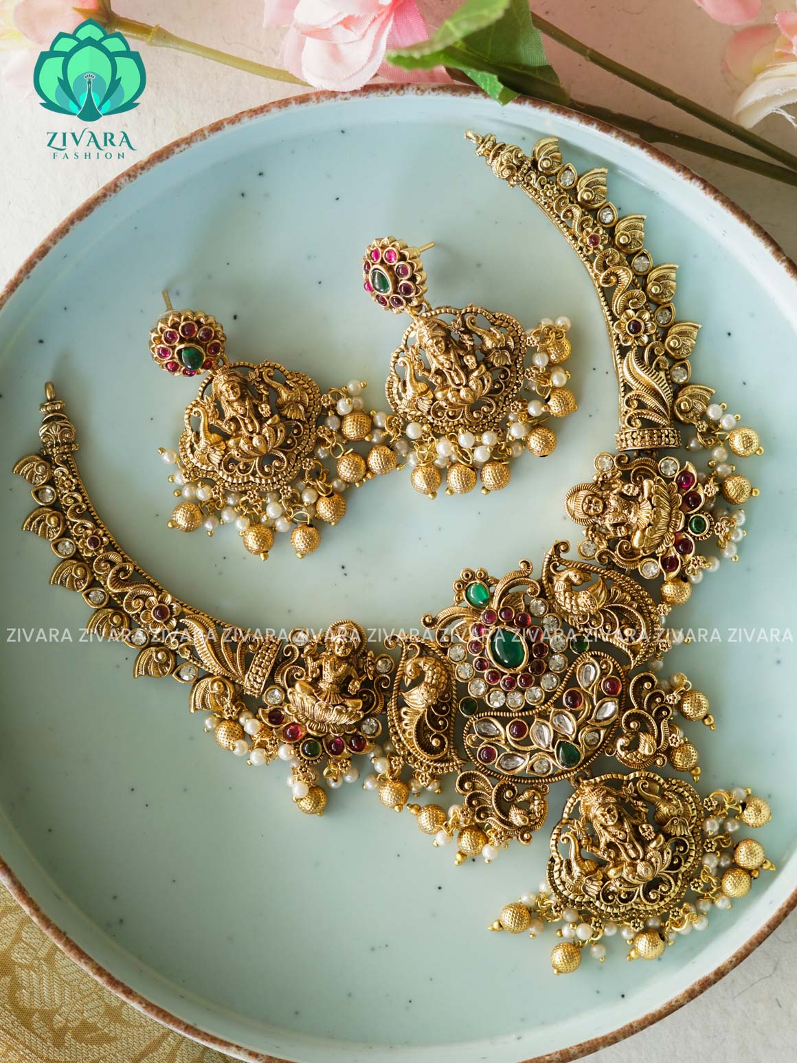 TEMPLE HEAVY BRIDAL    - Traditional south indian NORMAL MATTE neckwear with earrings- Zivara Fashion- latest jewellery design