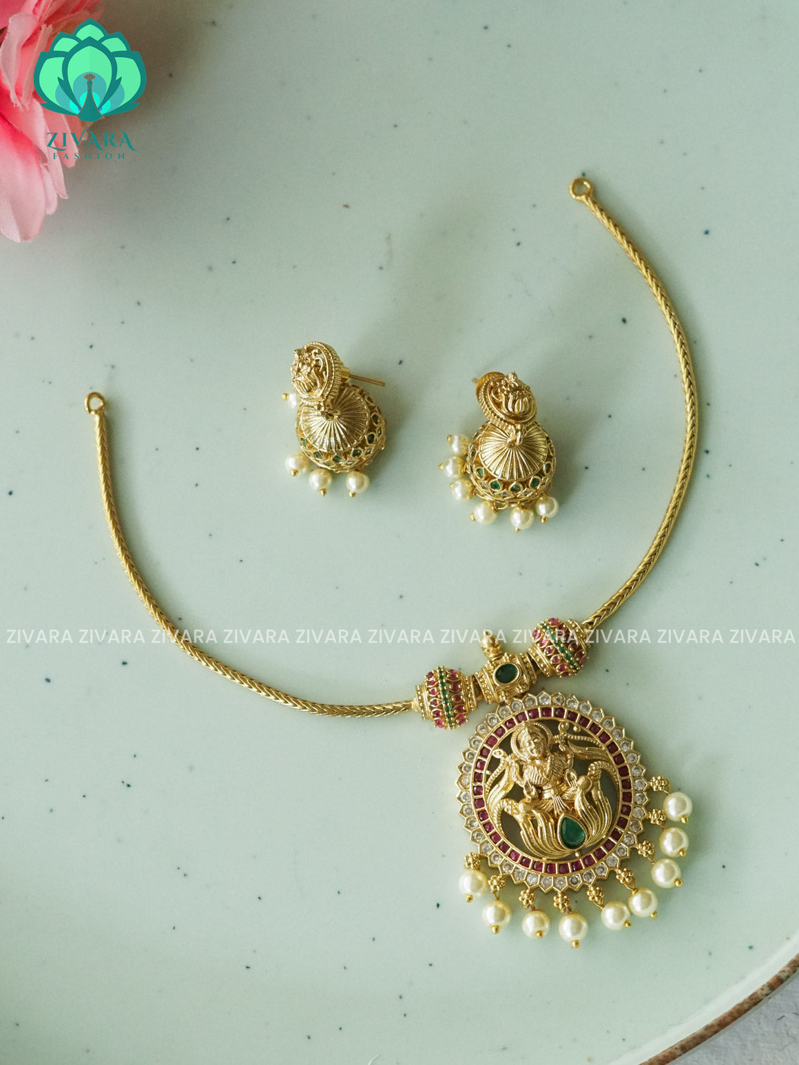 FLEXIBLE CHIAN TEMPLE PENDANT- Traditional south indian premium neckwear with earrings- Zivara Fashion- latest jewellery design