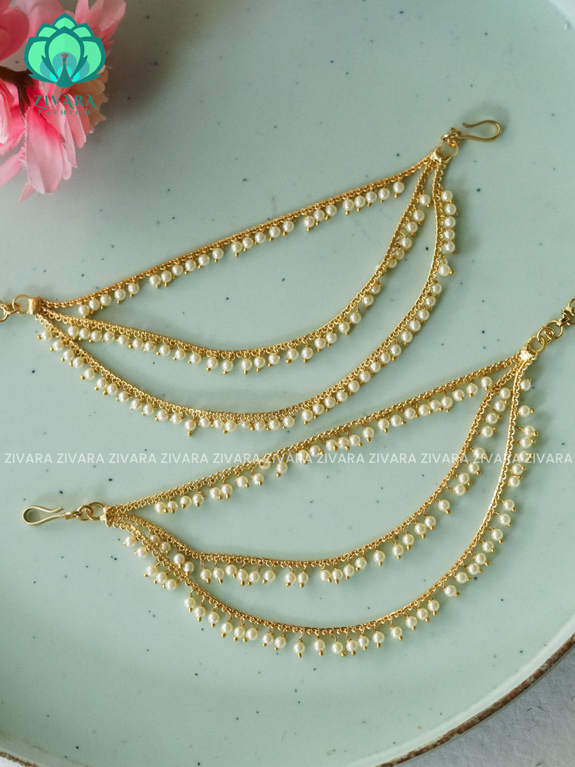 Three  layer pearl premium finish bridal earchain maatal- south indian kemp bridal accessory