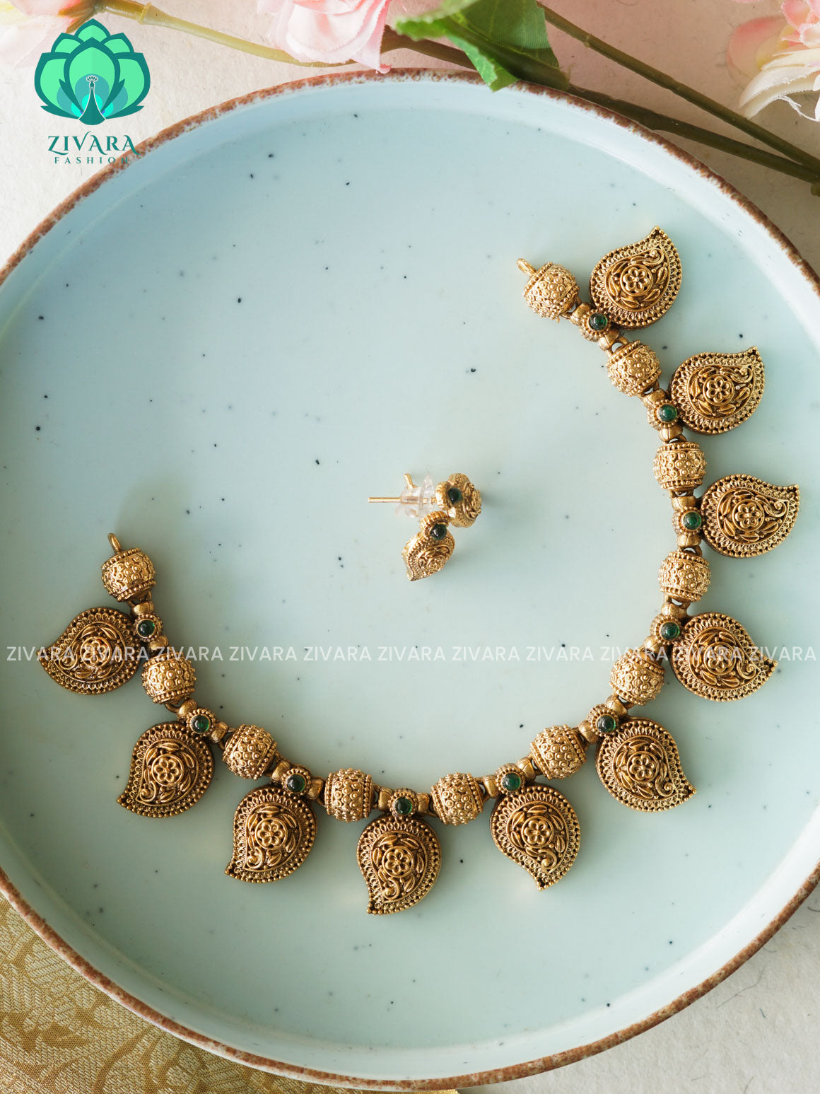 GREEN HOT SELLING  MANGO PEACOCK  Traditional south indian NORMAL MATTE neckwear with earrings- Zivara Fashion- latest jewellery desigN