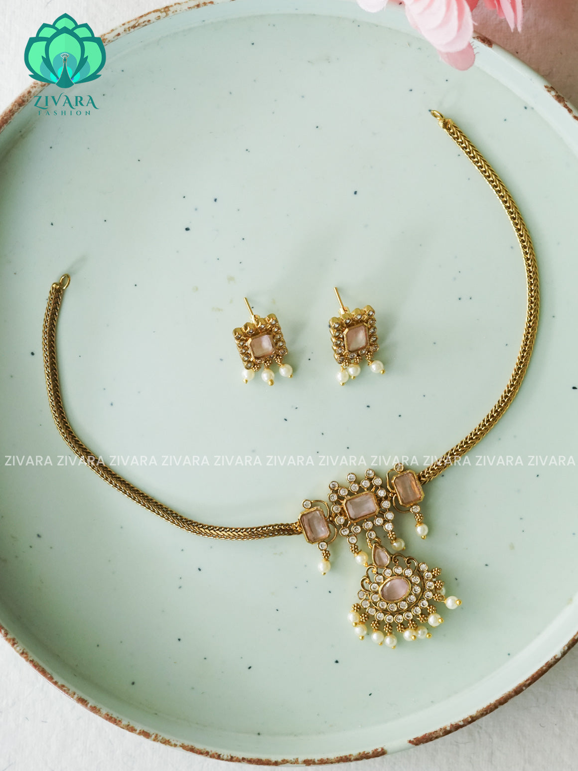 PASTEL PINK- SMALL PENDANT Flexible chain and STONE  pendant -Traditional south indian premium neckwear with earrings- Zivara Fashion- latest jewellery design