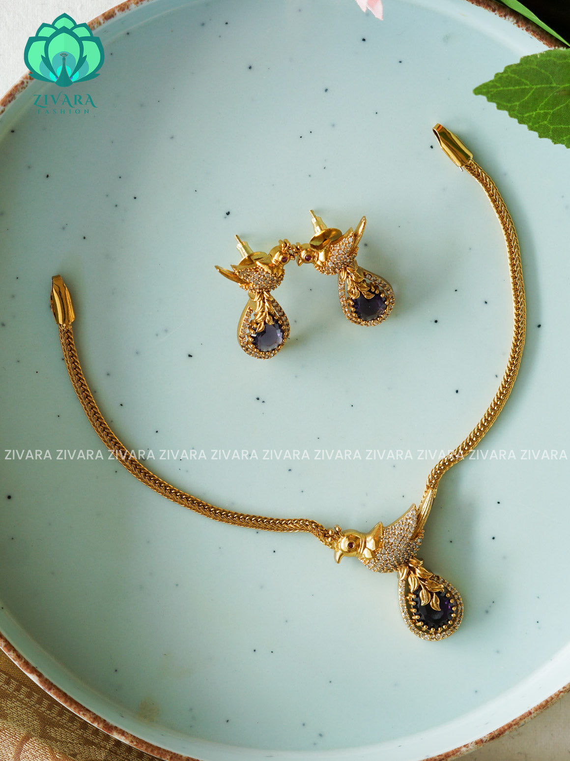 Purple- BHANU parrot  PENDANT FLEXIBLE  chain- Traditional south indian NORMAL MATTE neckwear with earrings - Zivara Fashion
