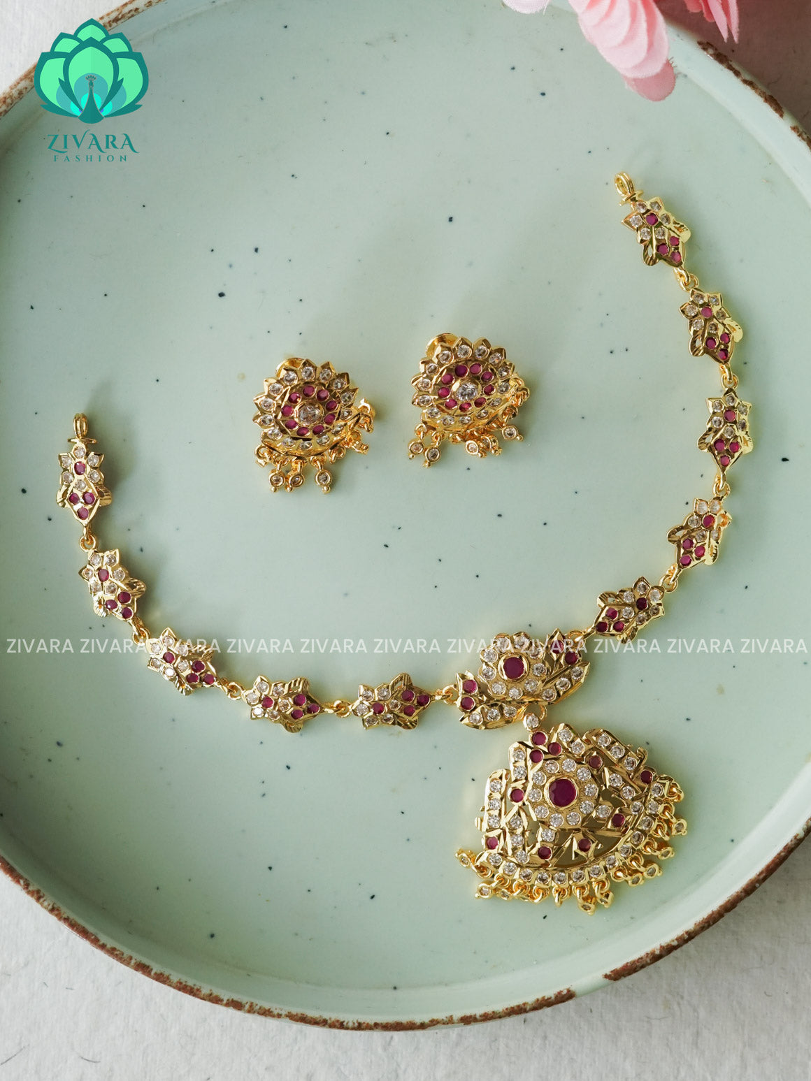 WHITE AND RUBY STONE MOTIF FREE MICROGOLD POLISH ATTIGAI WITH EARRING - Zivara Fashion- latest jewellery desigN