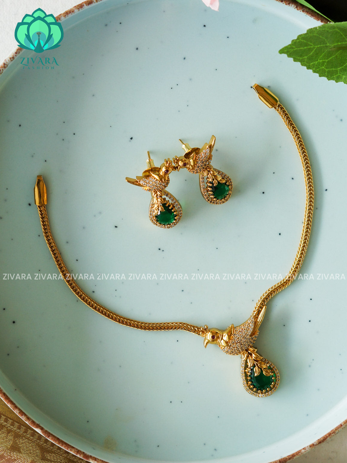 Green BHANU parrot  PENDANT FLEXIBLE  chain- Traditional south indian NORMAL MATTE neckwear with earrings - Zivara Fashion