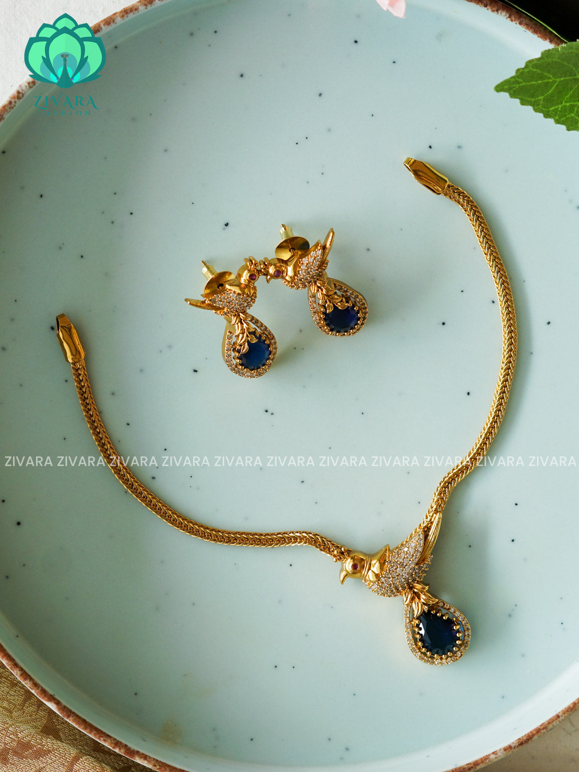 Blue- BHANU parrot  PENDANT FLEXIBLE  chain- Traditional south indian NORMAL MATTE neckwear with earrings - Zivara Fashion
