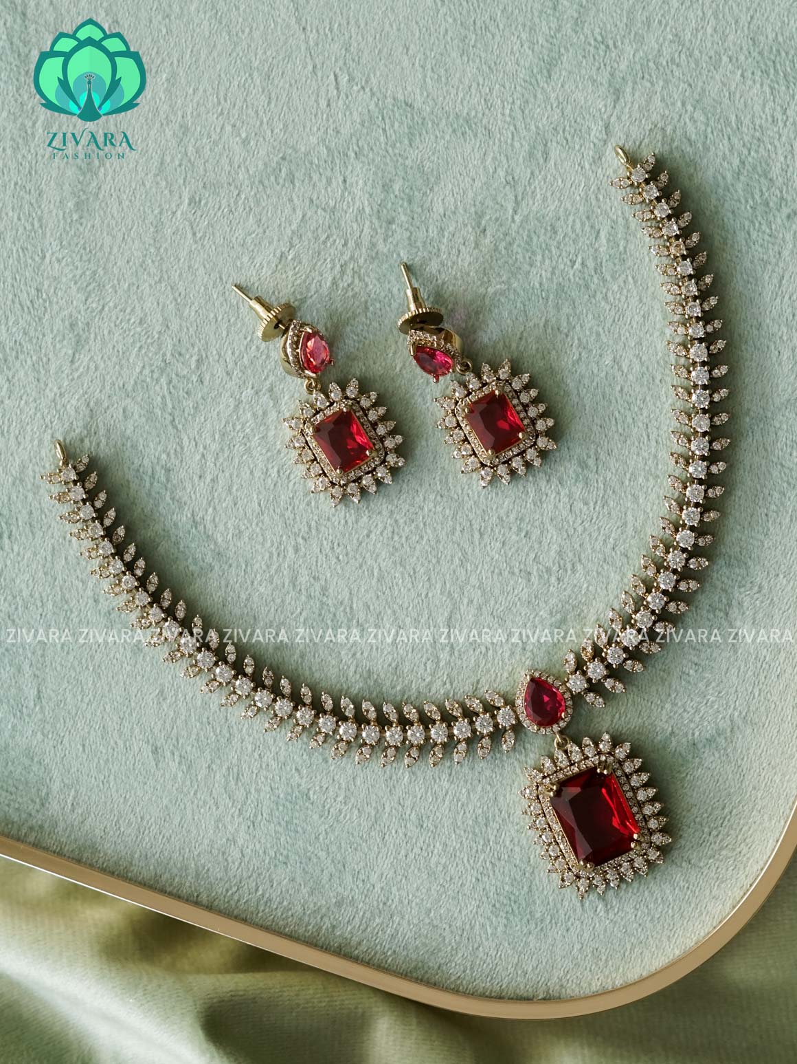 Ruby square stone diamond replica- FLEXIBLE CHAIN WITH HANGING -Traditional south indian premium neckwear with earrings- Zivara Fashion- latest jewellery design