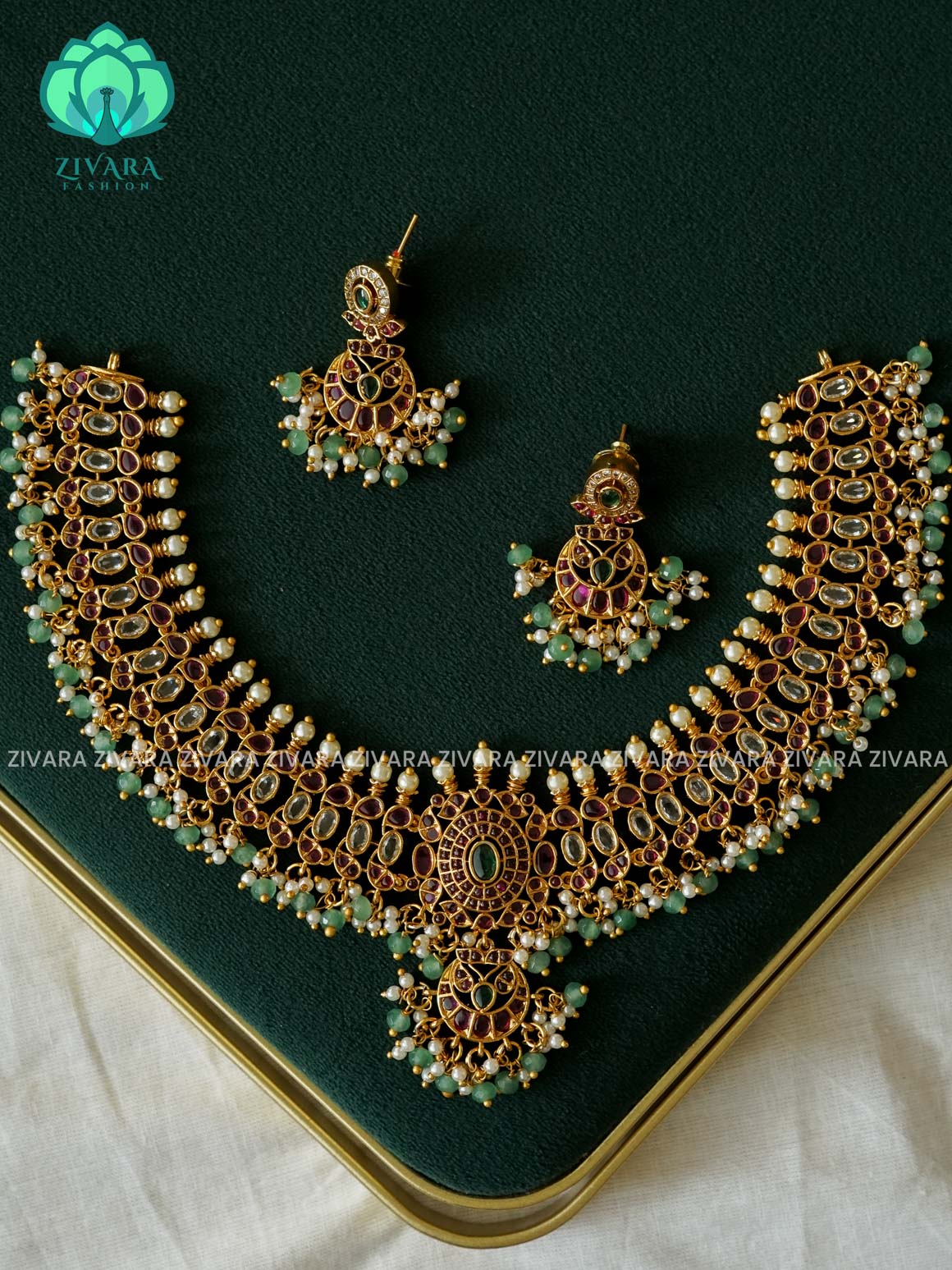 TRENDING BRIDALCHOKER WITH GREEN BEADS WITH EARRINGS - Premium finish- Zivara Fashion