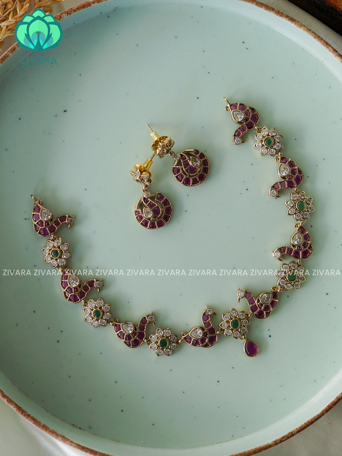 REAL KEMP PEACOCK  - FLEXIBLE CHAIN WITH HANGING -Traditional south indian premium neckwear with earrings- Zivara Fashion- latest jewellery design