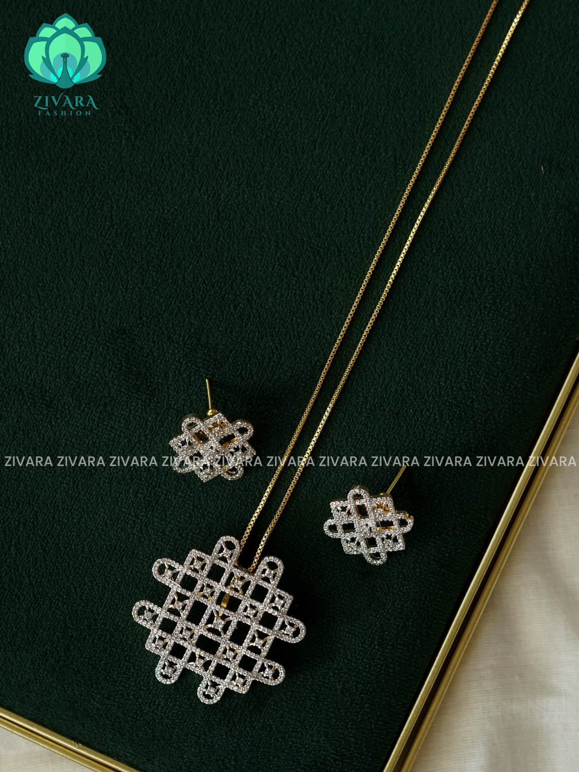 KOLAM PREMIUM PENDANT WITH CHAIN  - Traditional PREMIUM rhodium polish neckwear With earrings- Zivara Fashion