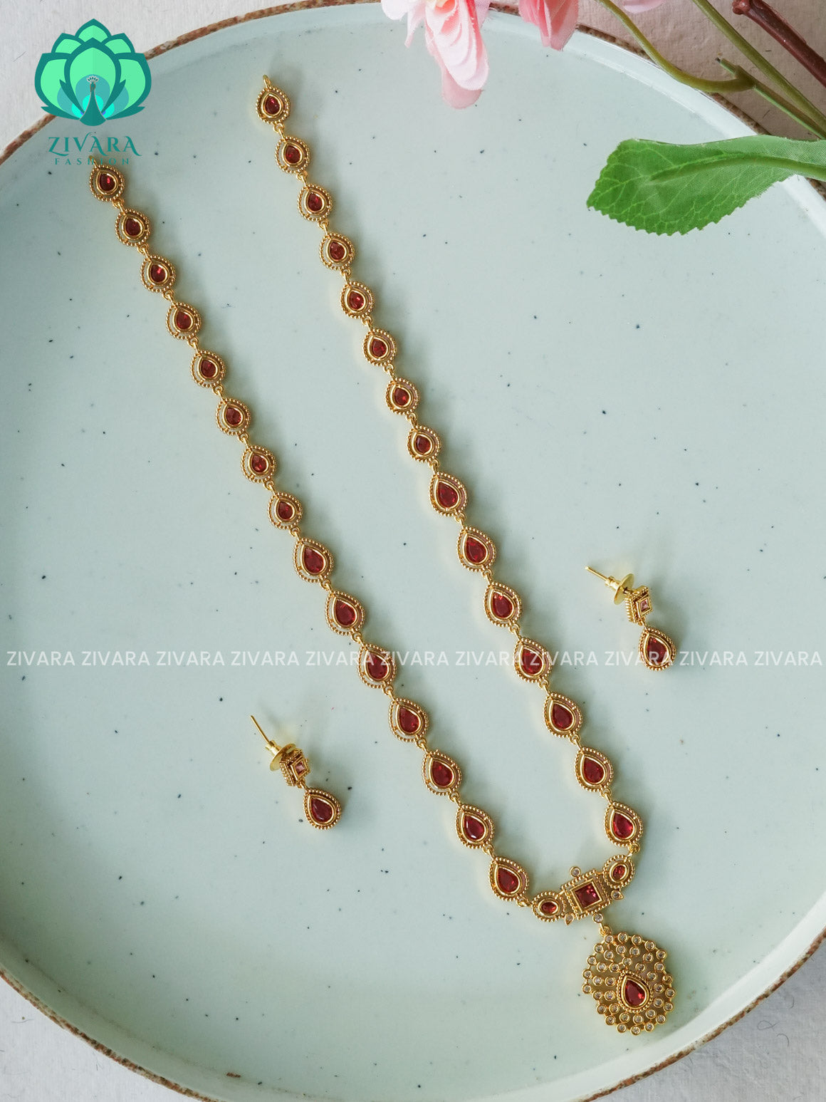 SMALL TEAR RUBY  JYOTHIKA INSPIRED (9.5 INCHES) - Traditional PREMIUM MATTE polish haaram/neckwear with earrings- Zivara Fashion