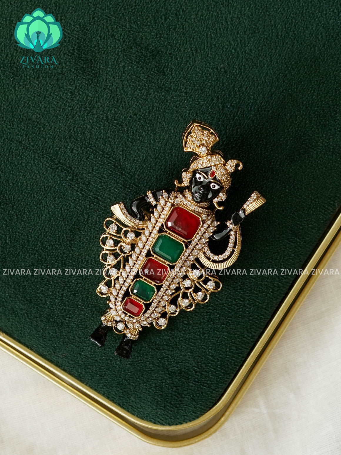 RUBY AND GREEN STONE KRISHNA BROOCH  - TRADITIONAL SAREE PIN - ZIVARA FASHION
