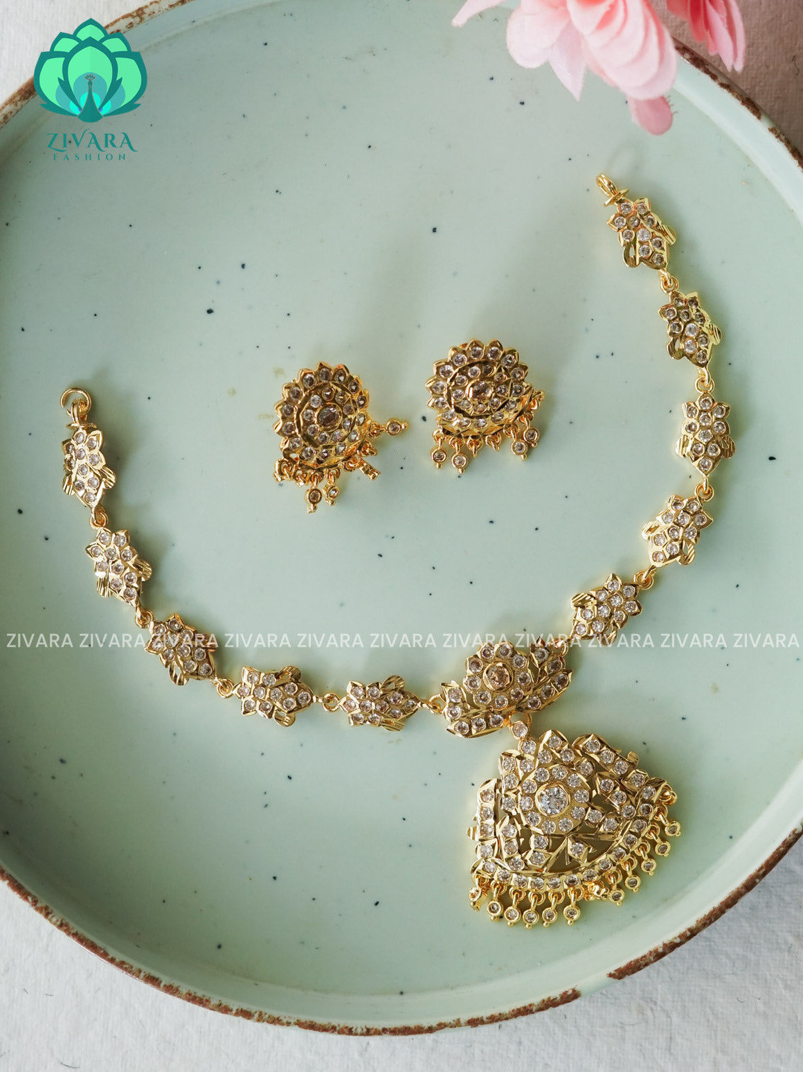 WHITE STONE MOTIF FREE MICROGOLD POLISH ATTIGAI WITH EARRING - Zivara Fashion- latest jewellery desigN