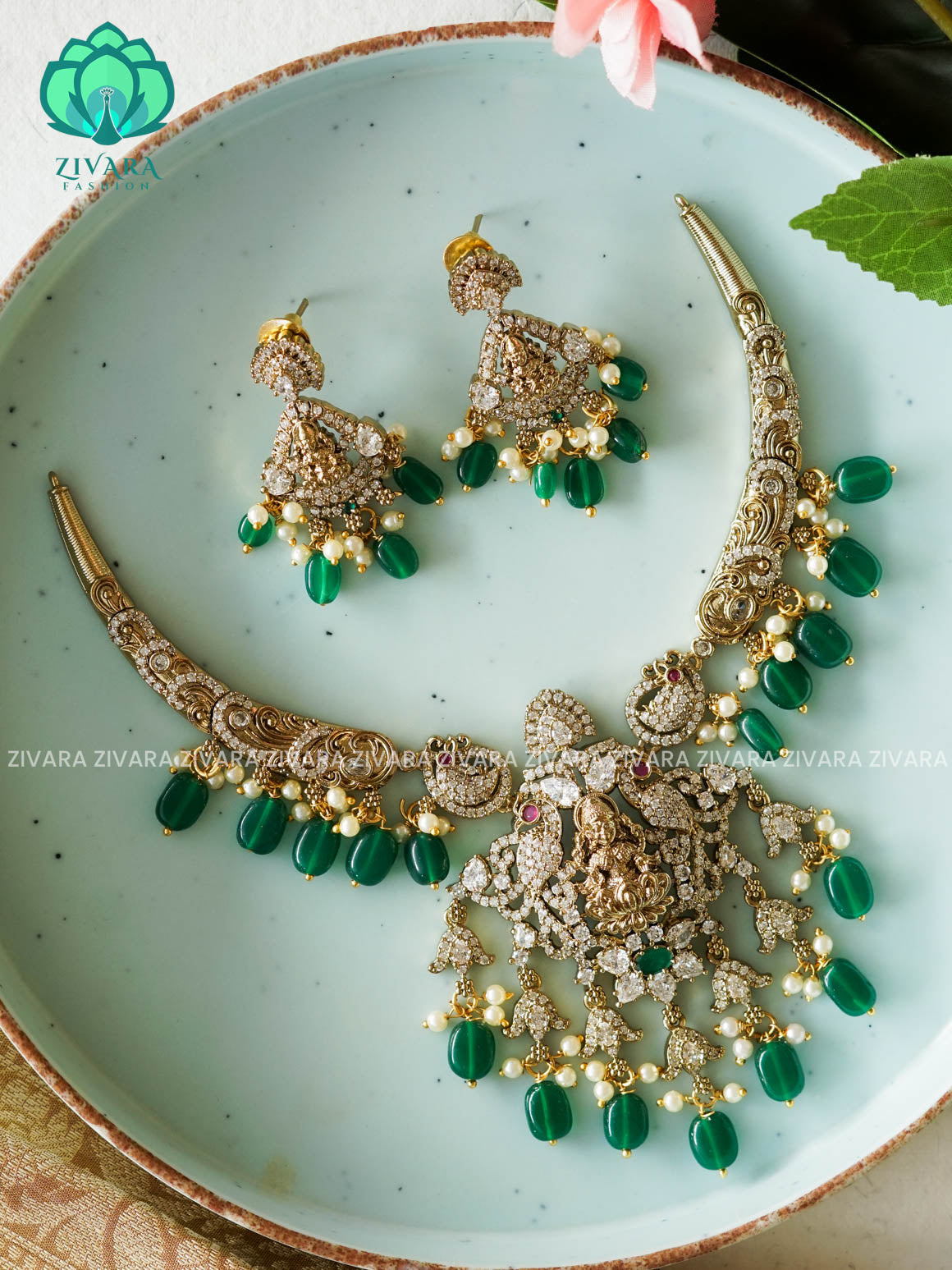 GREEN  BEADS TEMPLE HASLI NECK WEAR WITh EARRINGS   - Premium quality CZ Matte collection-south indian jewellerY