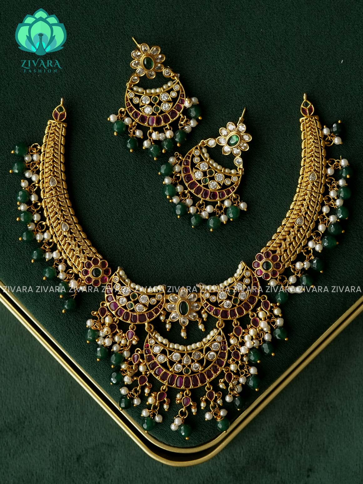 AKSHAYAM -  BRIDAL HASLI  NECKWEAR WITH GREEN BEADS HANGINGS  - Premium quality CZ Matte collection-south indian jewellery