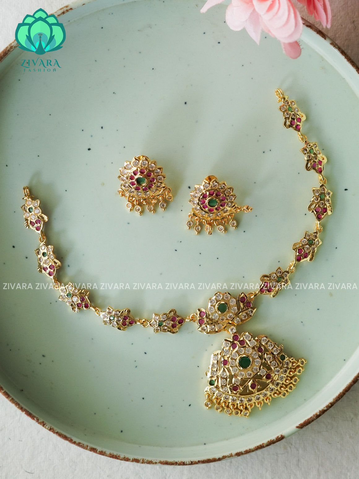 WHITE RUBY AND GREEN  STONE MOTIF FREE MICROGOLD POLISH ATTIGAI WITH EARRING - Zivara Fashion- latest jewellery desigN