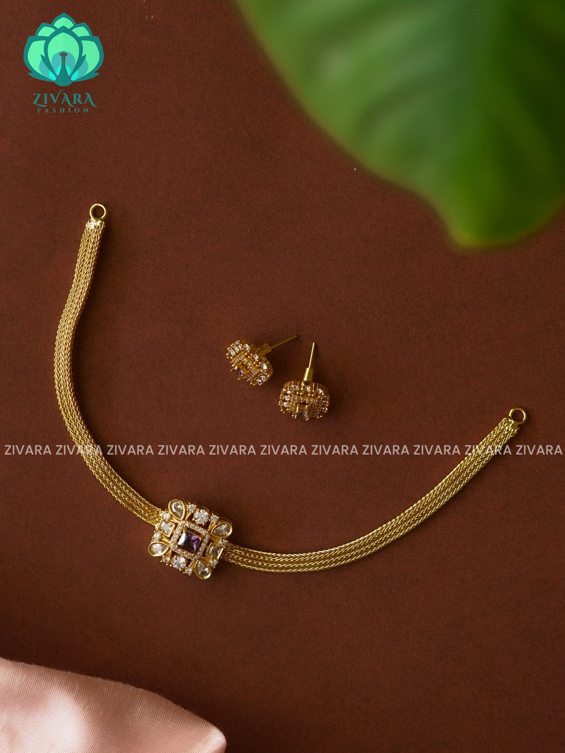 PURPLE PENDANT FLEXIBLE CHAIN- FLEXIBLE CHAIN WITH HANGING -Traditional south indian GOLD POLISH premium neckwear with earrings- Zivara Fashion- latest jewellery design