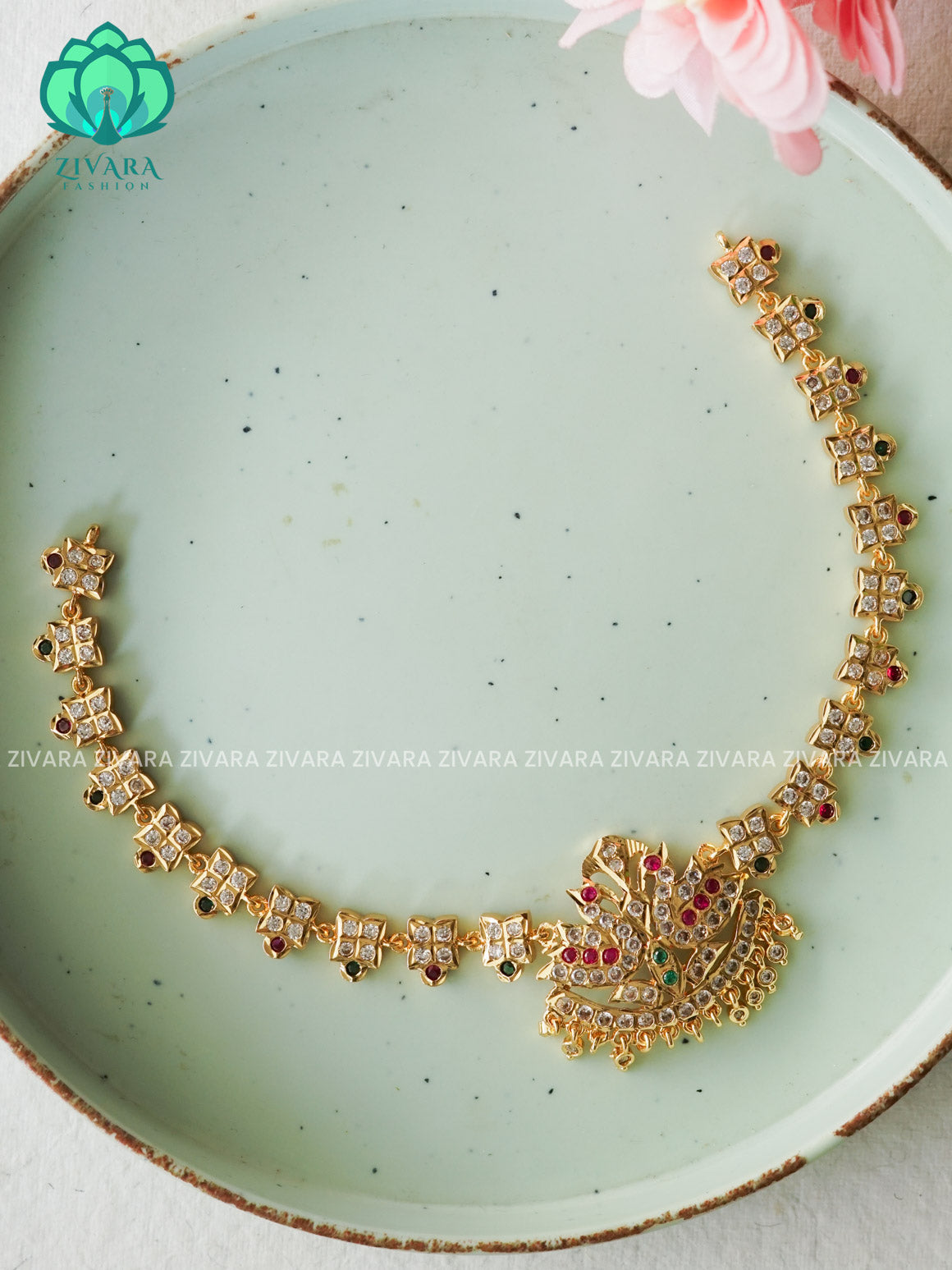 WHITE RUBY AND GREEN STONE PEACOCK MOTIF MICROGOLD POLISH ATTIGAI - Zivara Fashion- latest jewellery design