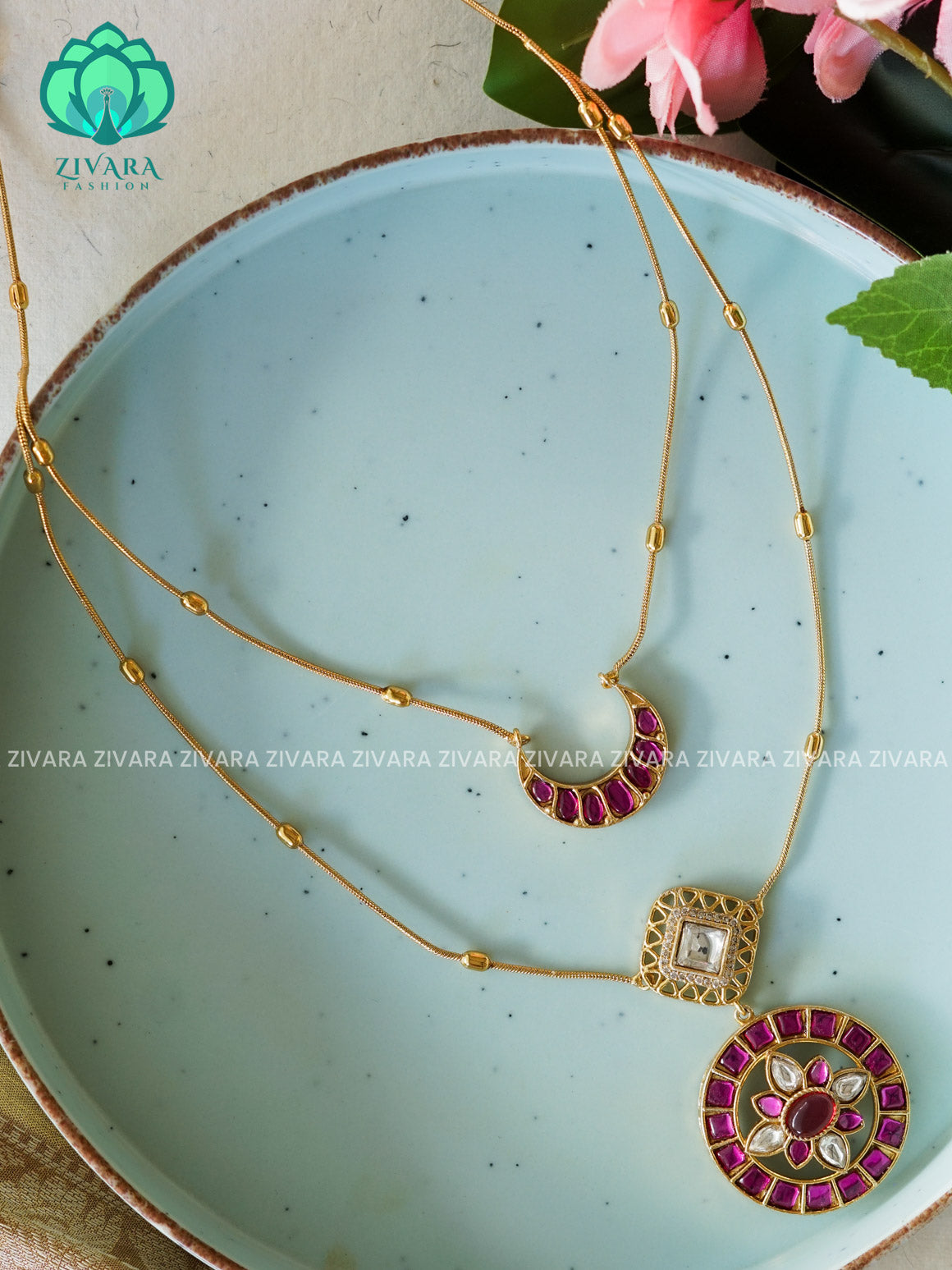 Ruby big pendant - Two step  -Traditional south indian premium neckwear with earrings- Zivara Fashion- latest jewellery design