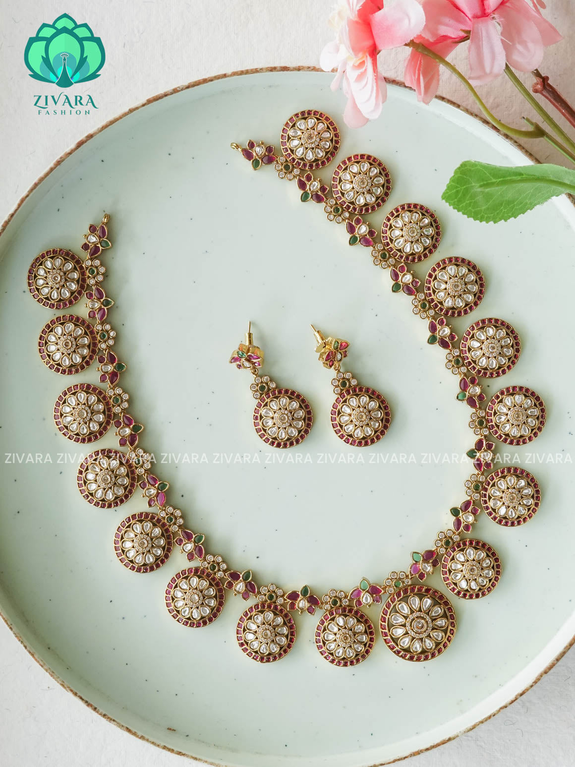 REAL KEMP BRIDAL BUTTA - Traditional PREMIUM MATTE polish MIDCHEST haaram/neckwear with earrings- Zivara Fashion