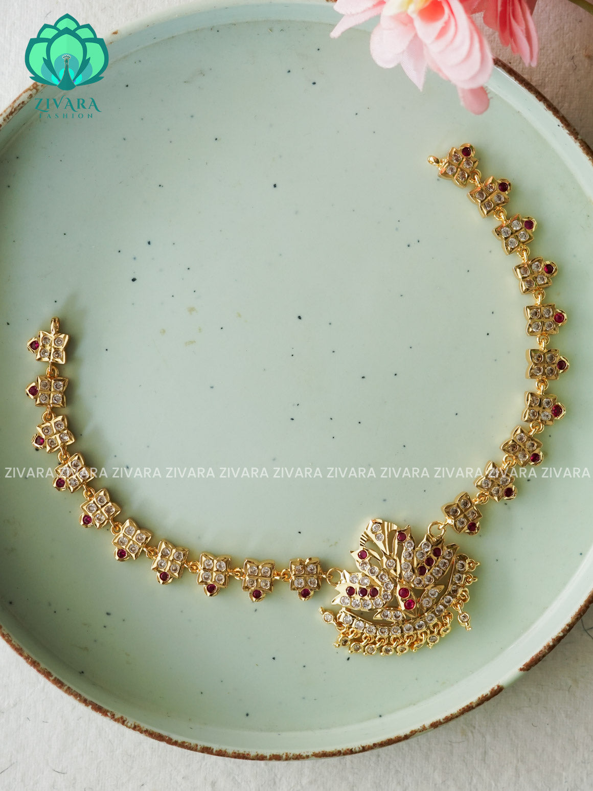 WHITE RUBY  STONE PEACOCK MOTIF MICROGOLD POLISH ATTIGAI - Zivara Fashion- latest jewellery design