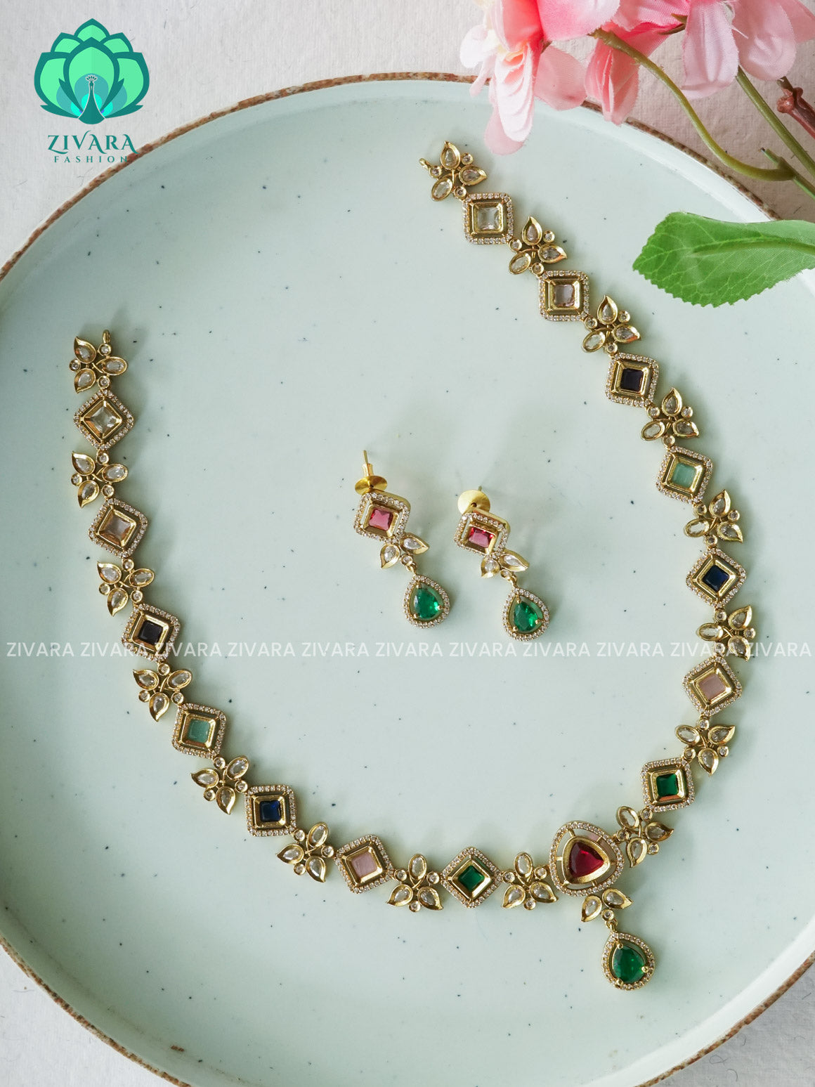 MULTICOLOUR DIAMOND - Traditional PREMIUM MATTE polish MIDCHEST haaram/neckwear with earrings- Zivara Fashion