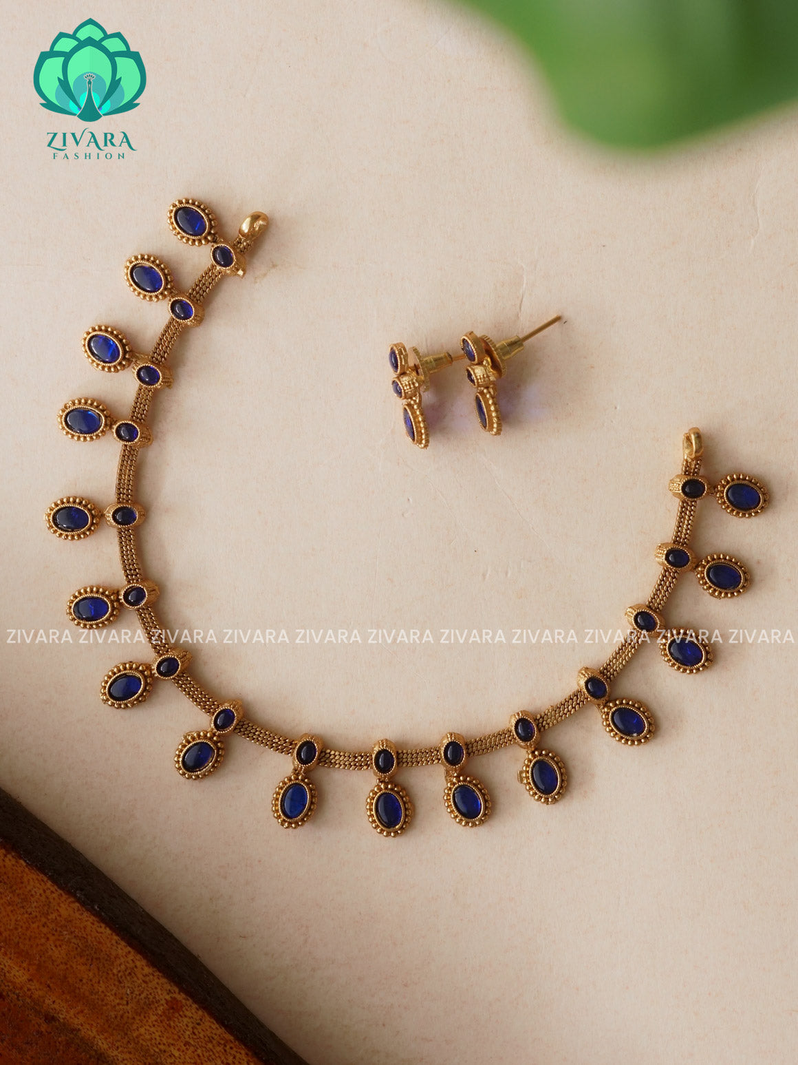 BLUE-OVAL MOTIF NORMAL MATTE neckwear with earrings- Zivara Fashion- latest jewellery design