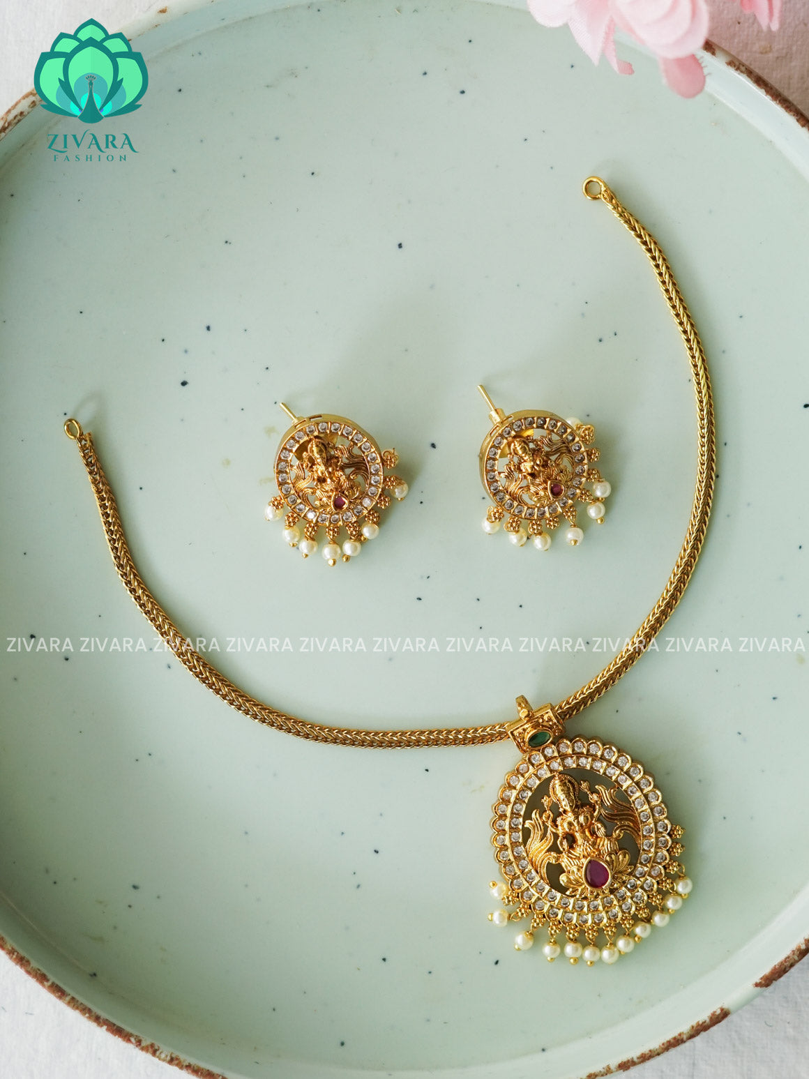 FLEXIBLE CHIAN TEMPLE PENDANT- Traditional south indian premium neckwear with earrings- Zivara Fashion- latest jewellery design