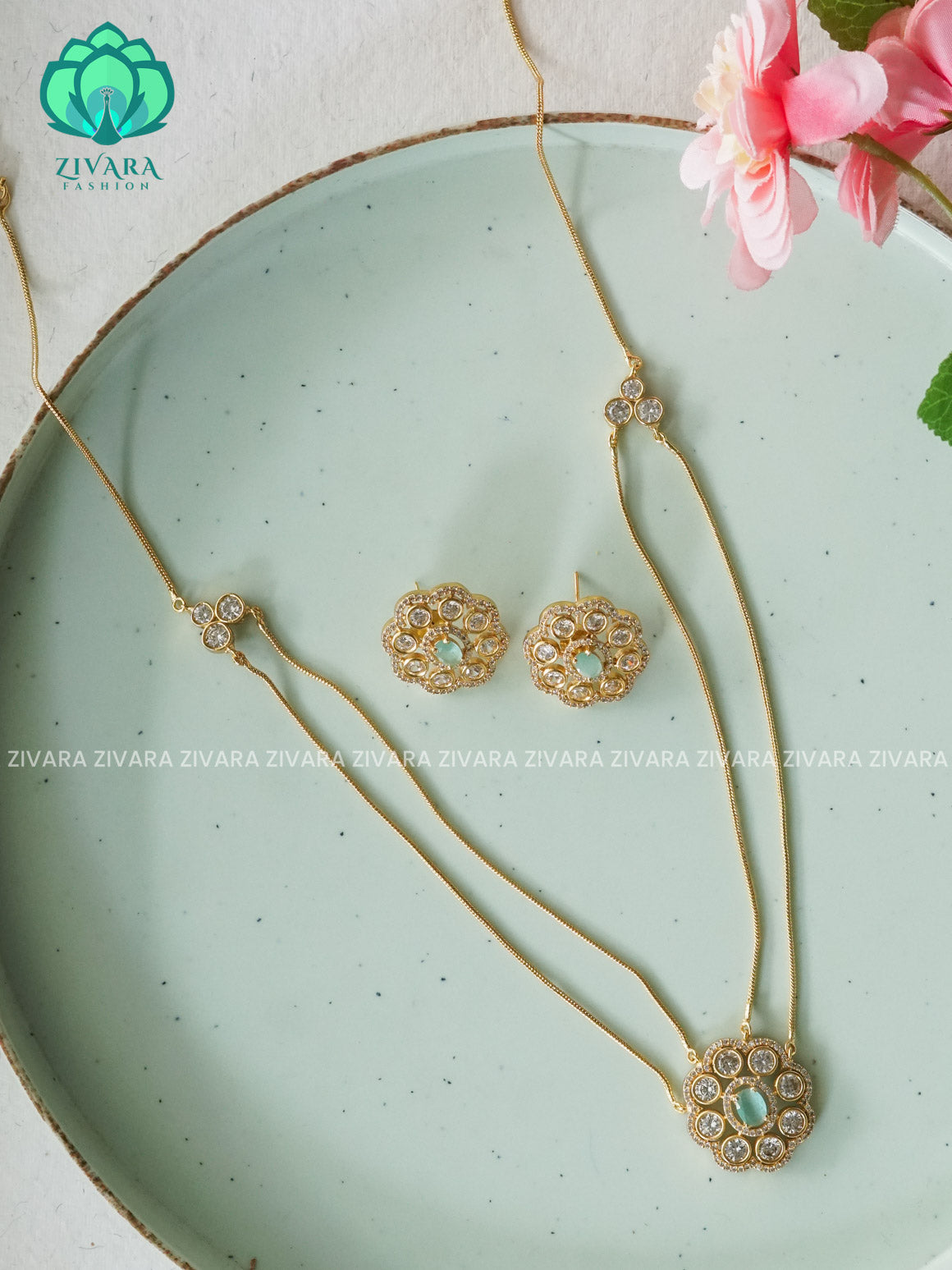 PASTEL GREEN big pendant - TwoLAYER  -Traditional south indian premium neckwear without earrings- Zivara Fashion- latest jewellery design