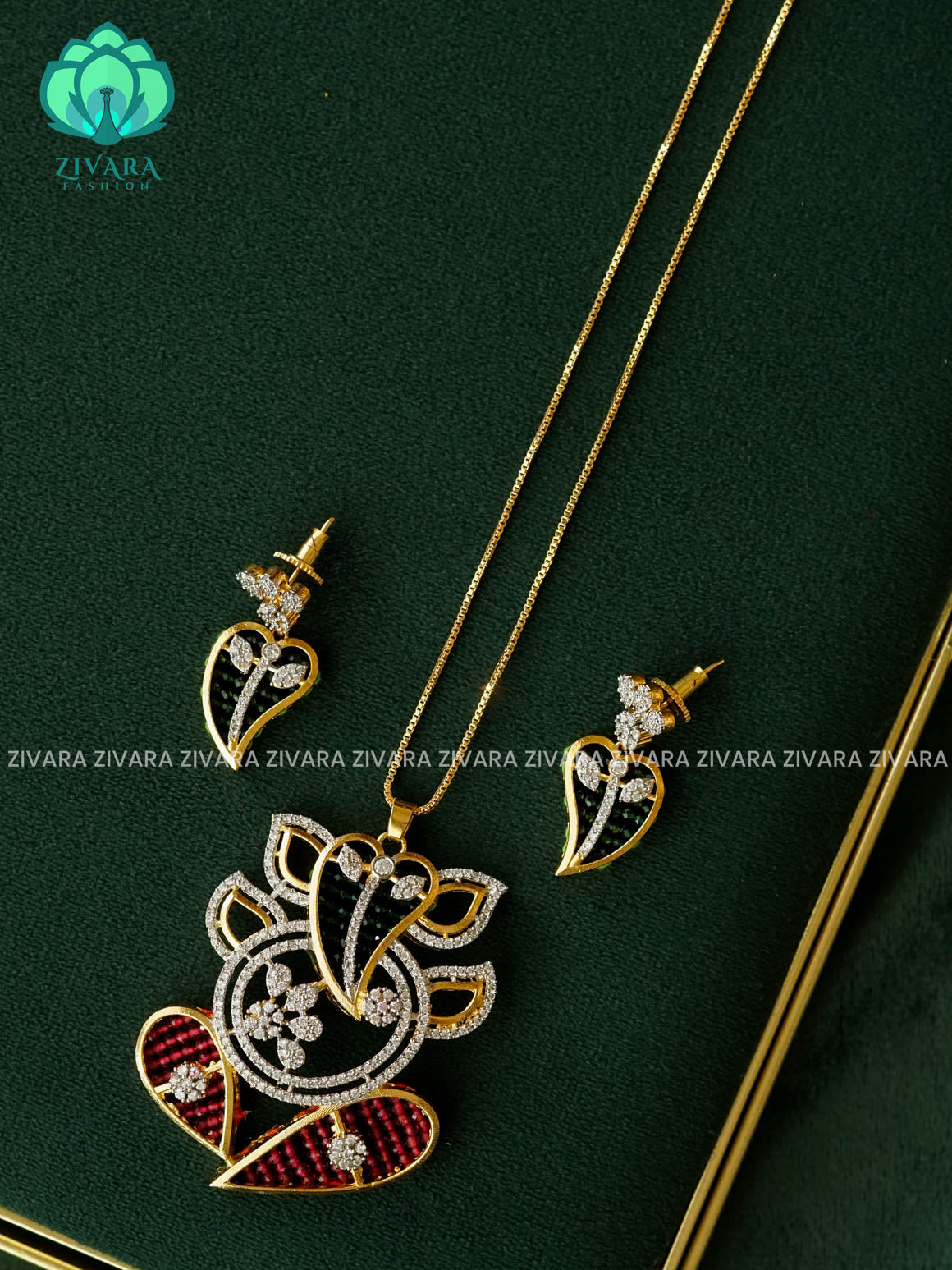 GANESHA PENDANT WITH ZYRA CHAIN - Traditional south indian neckwear with earrings - Zivara Fashion