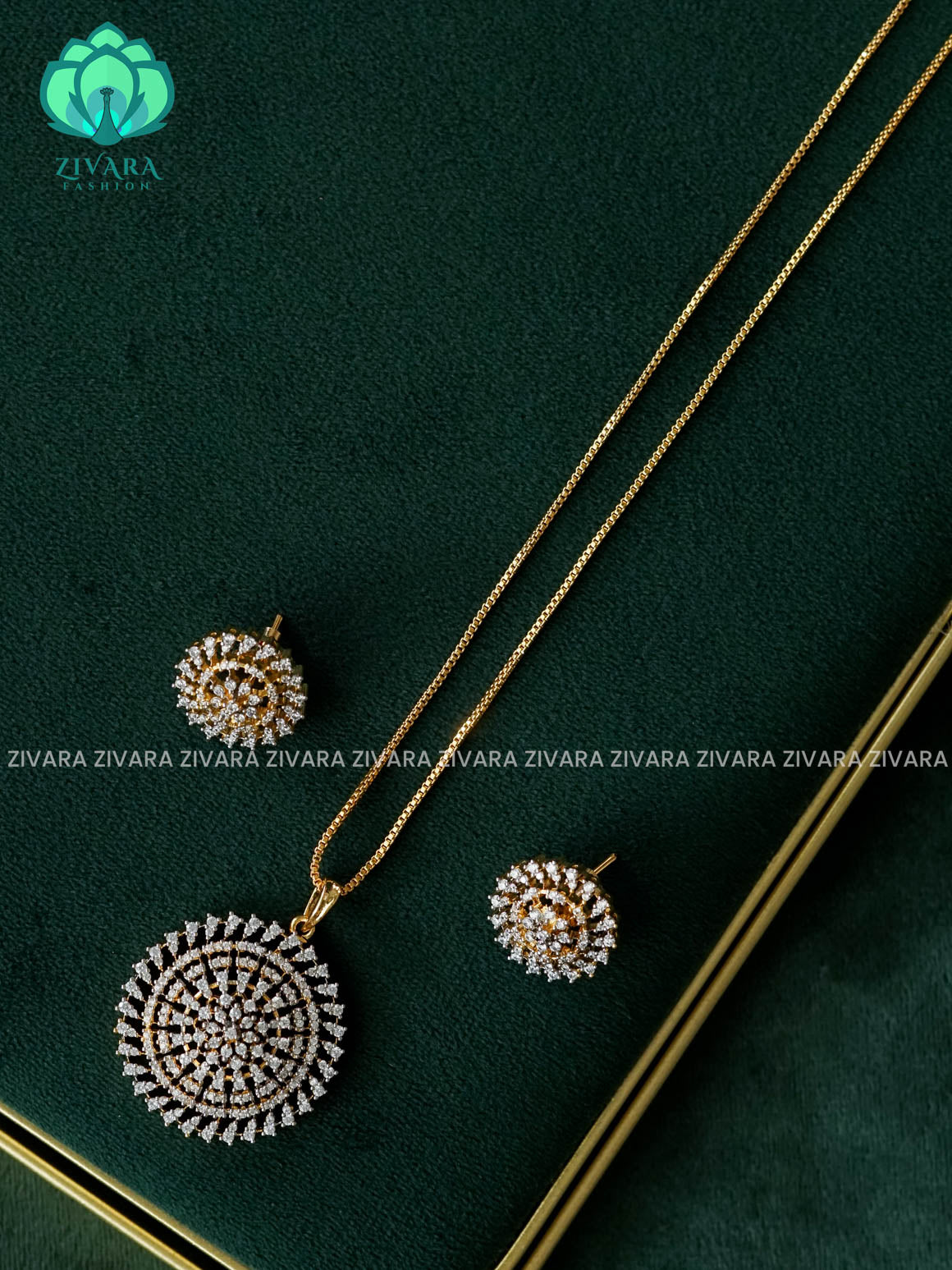 Zyra- Diamond replica Gold polish-pendant set and earrings ( CHAIN COMPLIMENTARY)  -Trending office wear jewellery-Zivara fashion