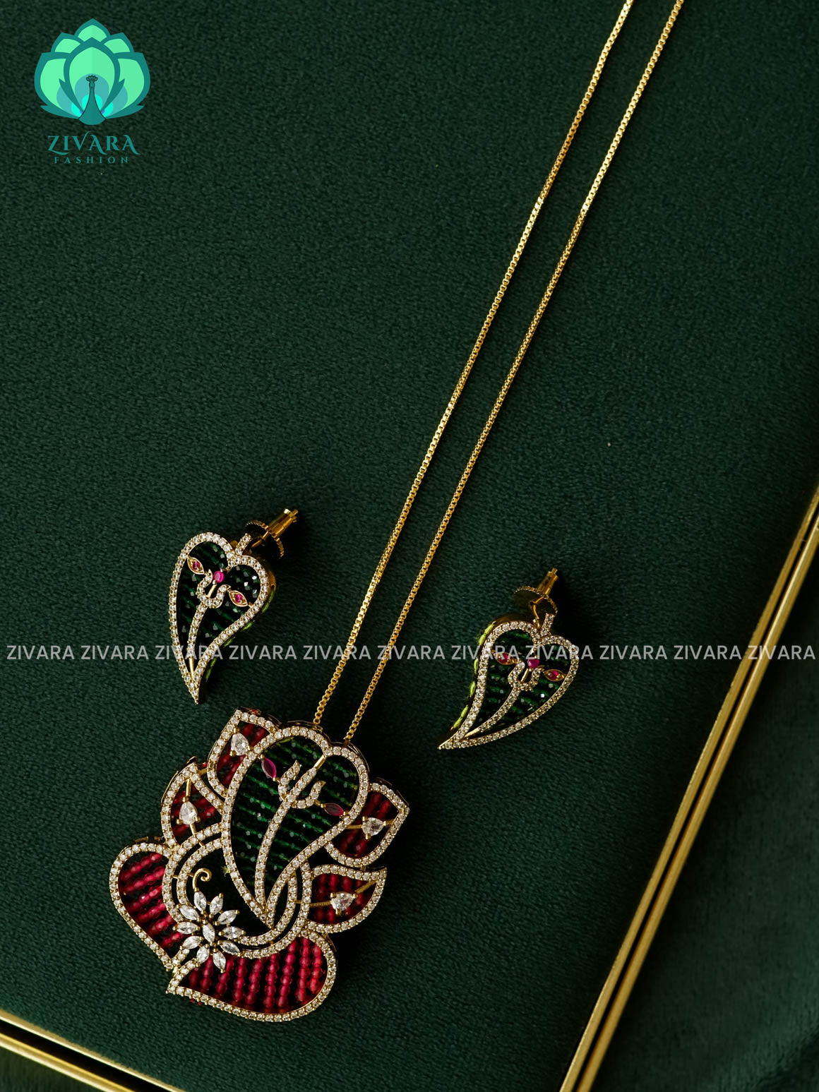 GANESHA PENDANT WITH ZYRA CHAIN - Traditional south indian neckwear with earrings - Zivara Fashion