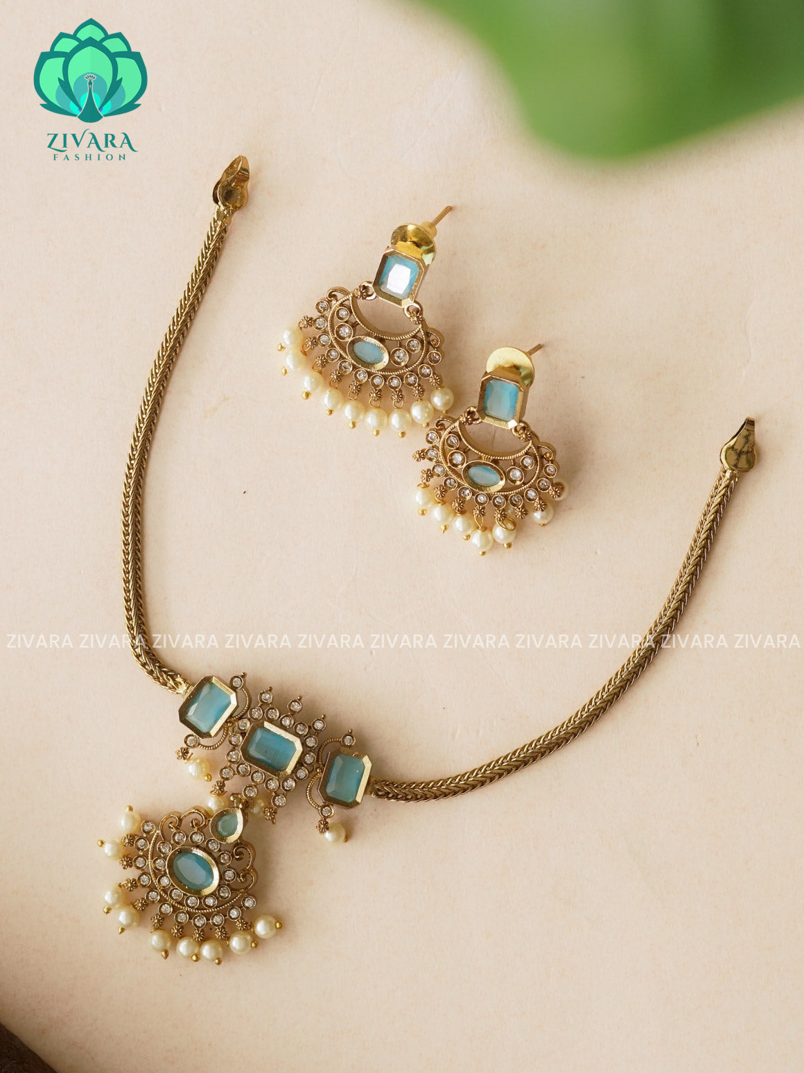 TURQUOISE BLUE - SMALL PENDANT Flexible chain and STONE  pendant -Traditional south indian premium neckwear with earrings- Zivara Fashion- latest jewellery design