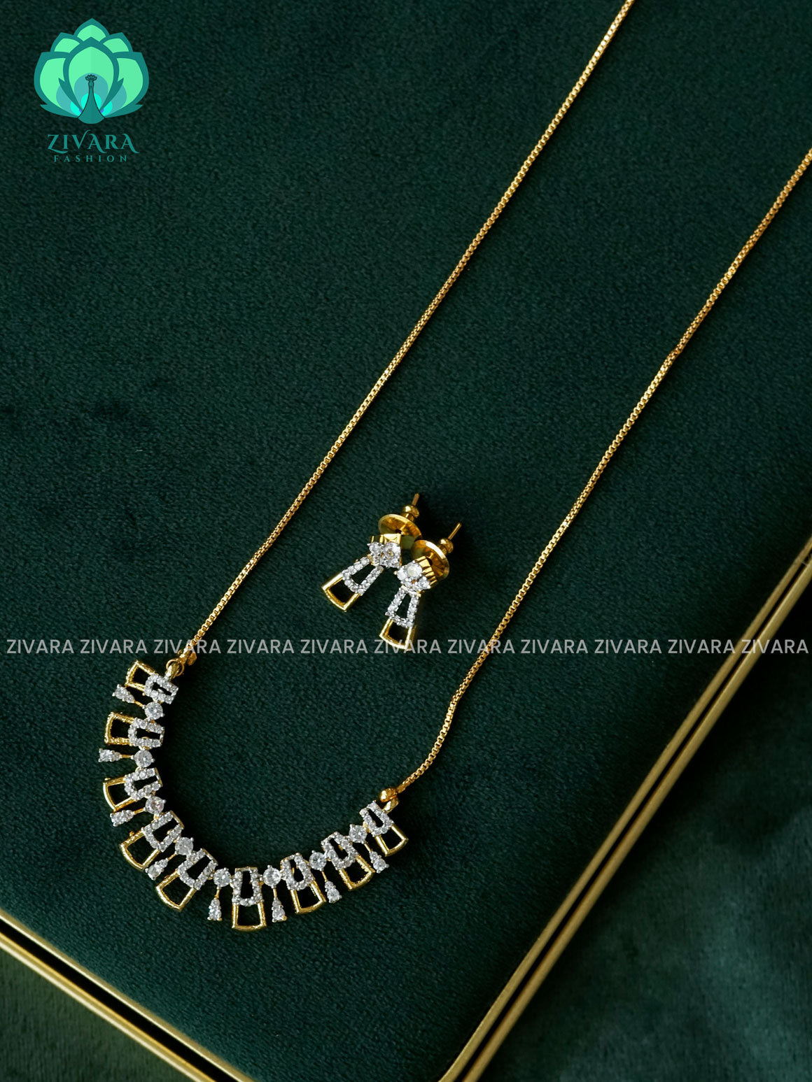 Zyra- Diamond replica Gold polish-pendant set and earrings ( CHAIN COMPLIMENTARY)  -Trending office wear jewellery-Zivara fashion