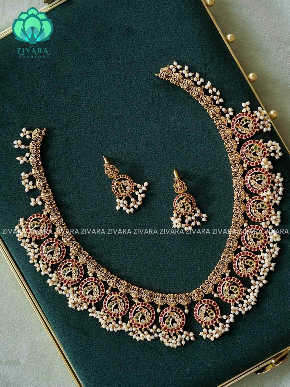 COIN HAARAM GUTTAPUSALU WITH HANGINGS - Traditional PREMIUM MATTE polish MIDCHEST haaram/neckwear with earrings- Zivara Fashion