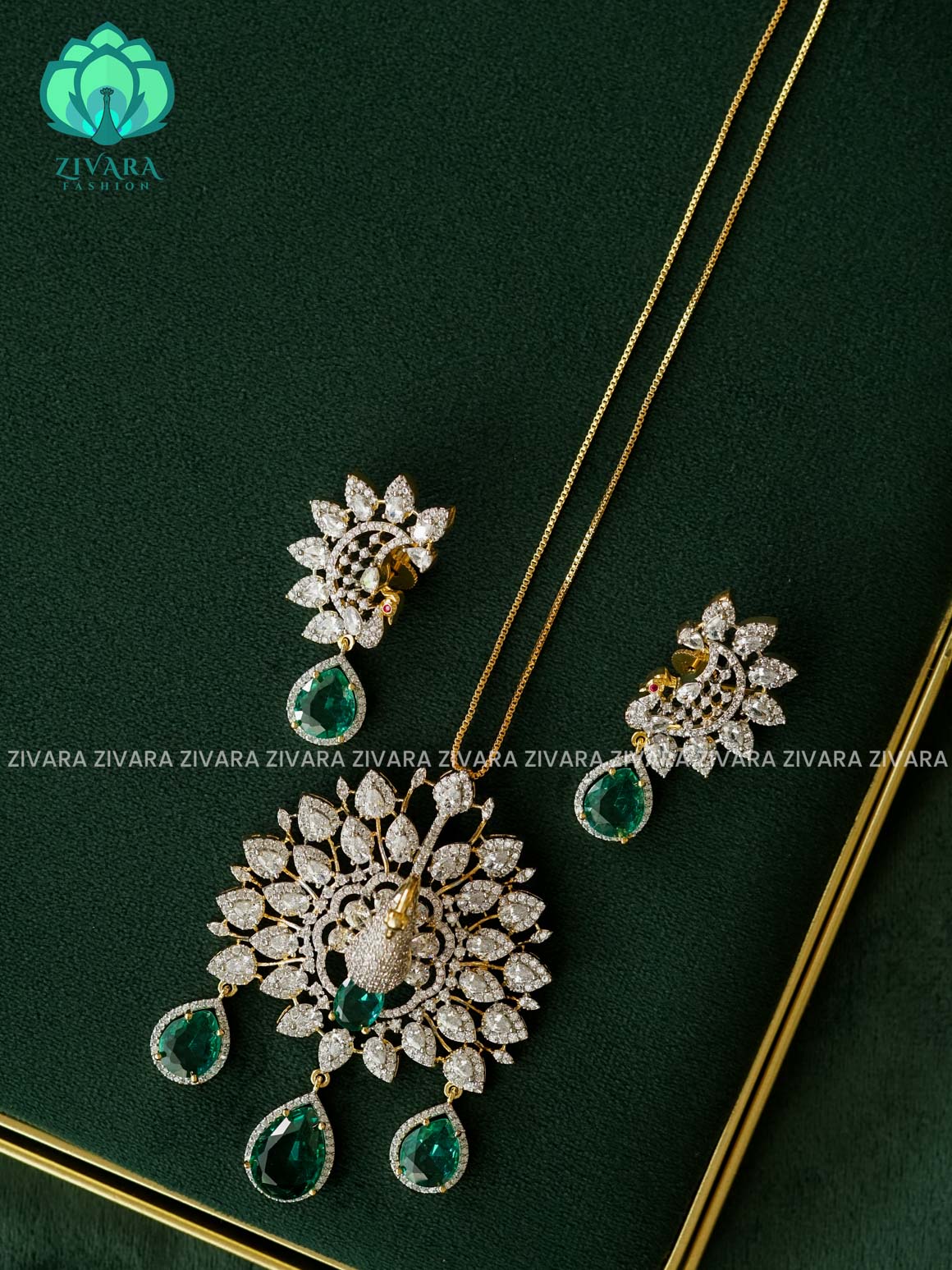 Zyra-PEACOCK EMERALD GREEN Diamond replica Gold polish-pendant set and earrings  -Trending office wear jewellery-Zivara fashion
