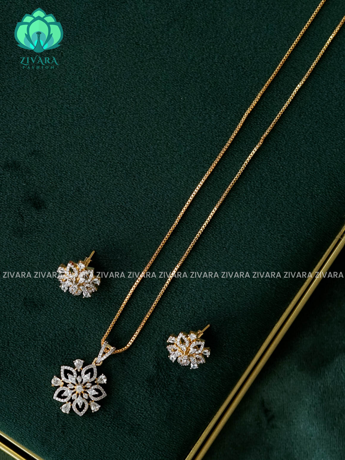 Zyra- Diamond replica Gold polish-pendant set and earrings ( CHAIN COMPLIMENTARY)  -Trending office wear jewellery-Zivara fashion