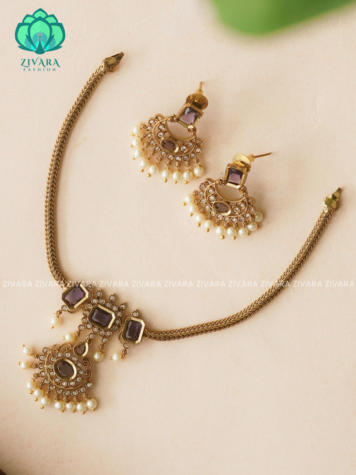 PURPLE- SMALL PENDANT Flexible chain and STONE  pendant -Traditional south indian premium neckwear with earrings- Zivara Fashion- latest jewellery design