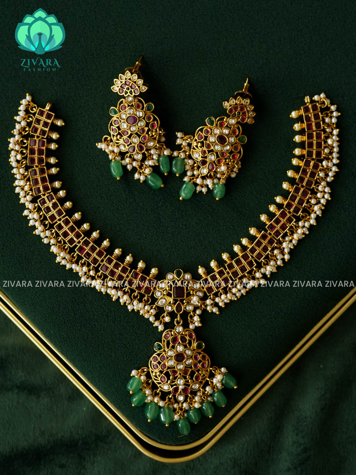AKSHAYAM -  REAL KEMP NECKWEAR WITH GREEN BEADS HANGINGS  - Traditional south indian premium neckwear with earrings- Zivara Fashion- latest jewellery design