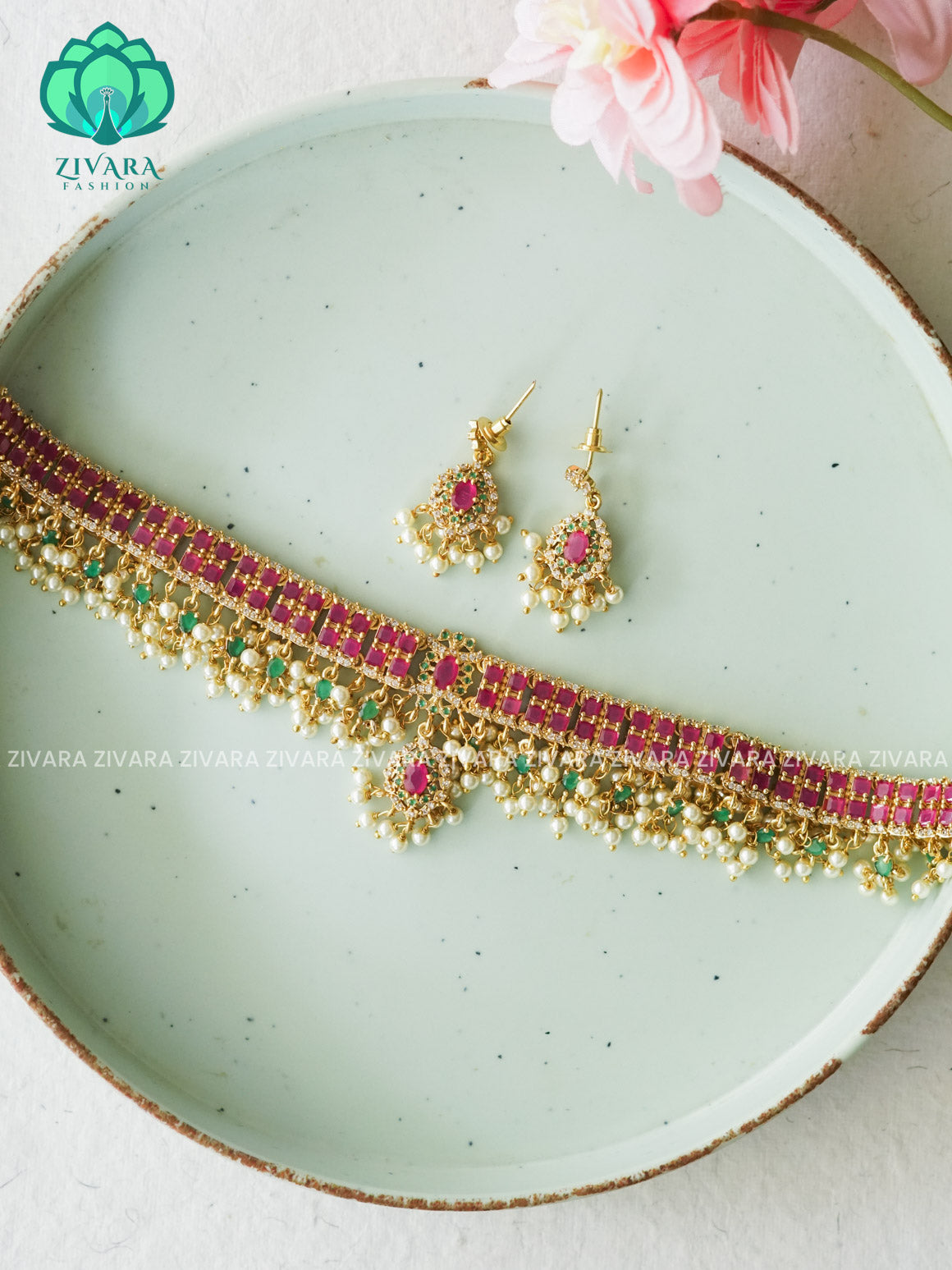 Real kemp  bridal guttapusalu choker- CZ matte finish- Zivara Fashion (Copy)