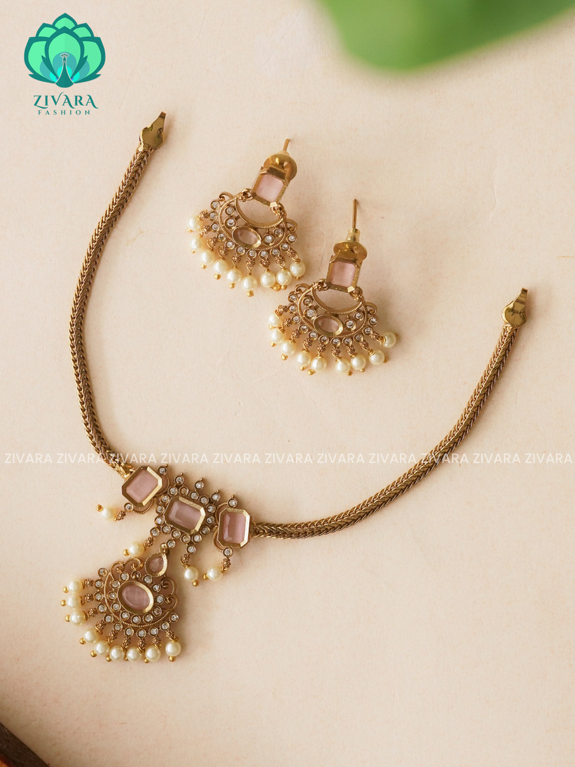 PINK- SMALL PENDANT Flexible chain and STONE  pendant -Traditional south indian premium neckwear with earrings- Zivara Fashion- latest jewellery design