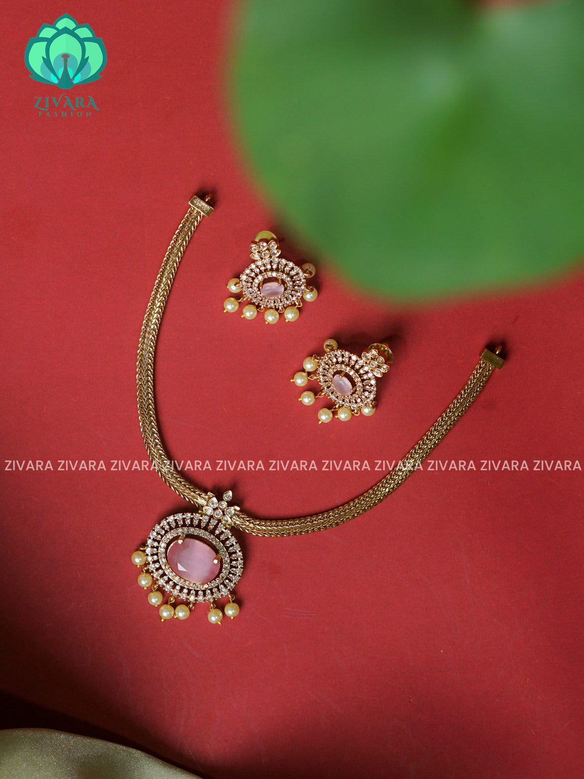 PASTEL PINK - FLEXIBLE CHAIN AND OVAL PENDANT  -Traditional south indian premium neckwear with earrings- Zivara Fashion- latest jewellery design