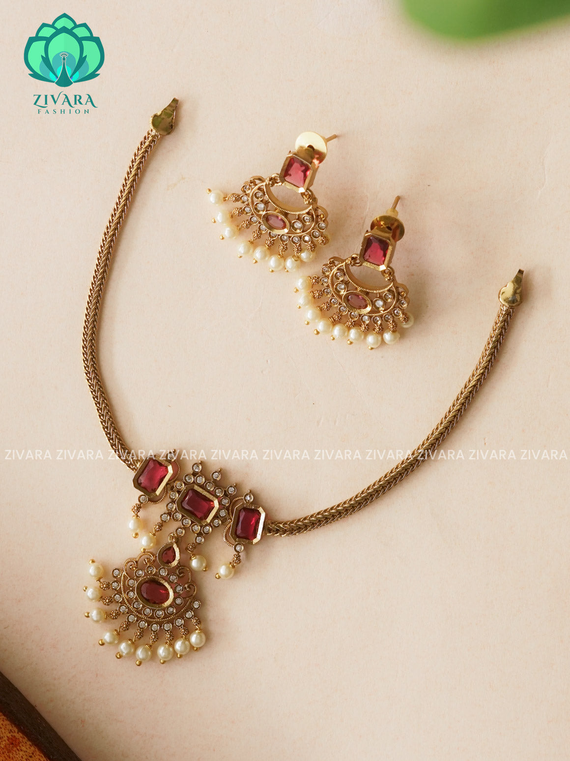 RUBY- SMALL PENDANT Flexible chain and STONE  pendant -Traditional south indian premium neckwear with earrings- Zivara Fashion- latest jewellery design