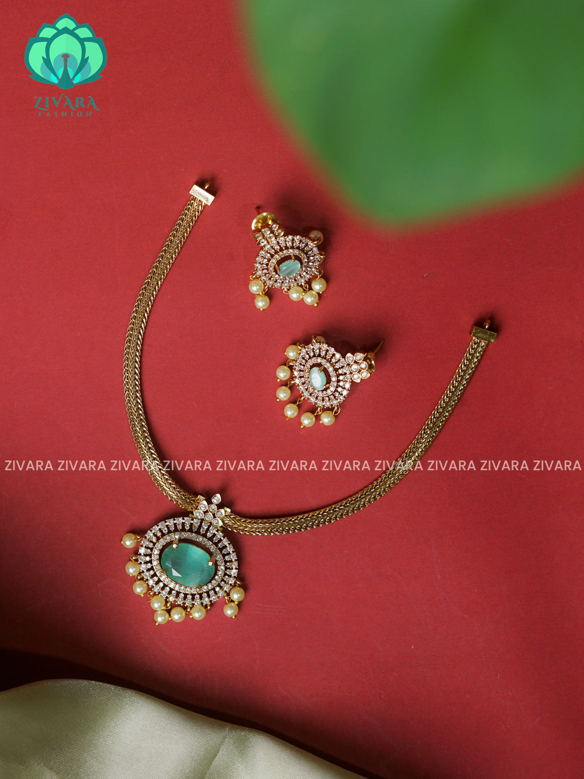 PASTEL GREEN - FLEXIBLE CHAIN AND OVAL PENDANT  -Traditional south indian premium neckwear with earrings- Zivara Fashion- latest jewellery design.