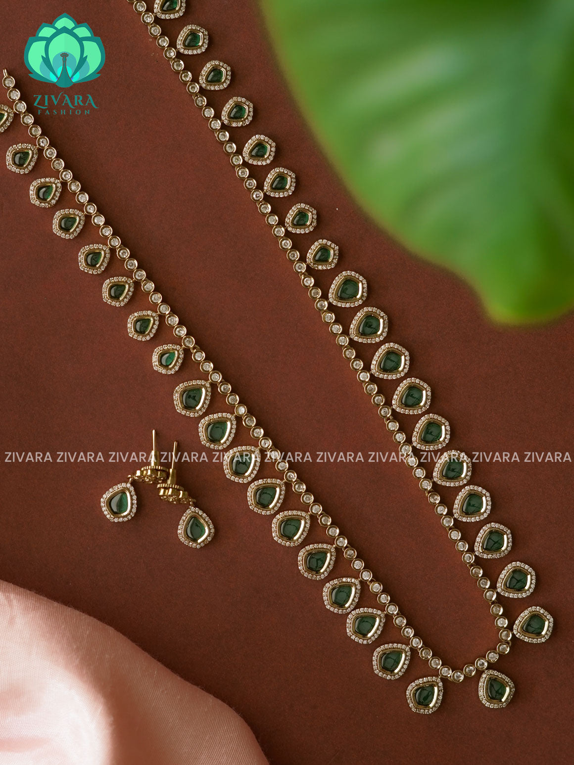 GREEN ELEGANT  - Traditional PREMIUM MATTE polish MIDCHEST haaram/neckwear with earrings- Zivara Fashion