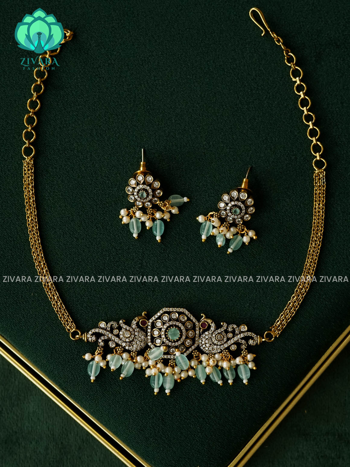 PASTEL GREEN-Bridal PEACOCK Victorian polish finish choker with earrings  - Premium quality CZ Matte collection-south indian jewellery