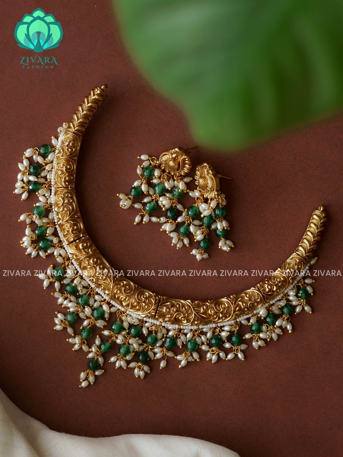 GREEN BEADS GUTTAPUSALU BRIDAL VINTAGE LOOK -Traditional south indian premium neckwear with earrings- Zivara Fashion- latest jewellery desigN