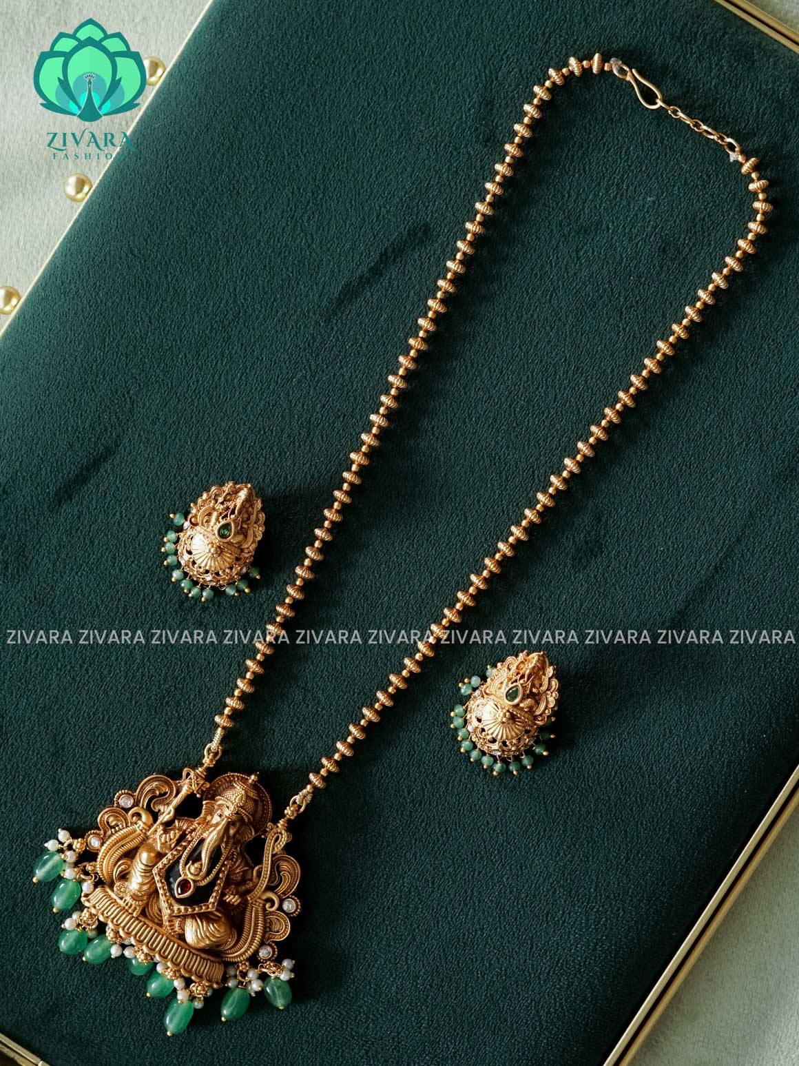 VISHALI GREEN BEADS AND GANESHA PENDANT BALL CHAIN - Traditional NORMAL MATTE polish MIDCHEST haaram/neckwear with earrings- Zivara Fashion