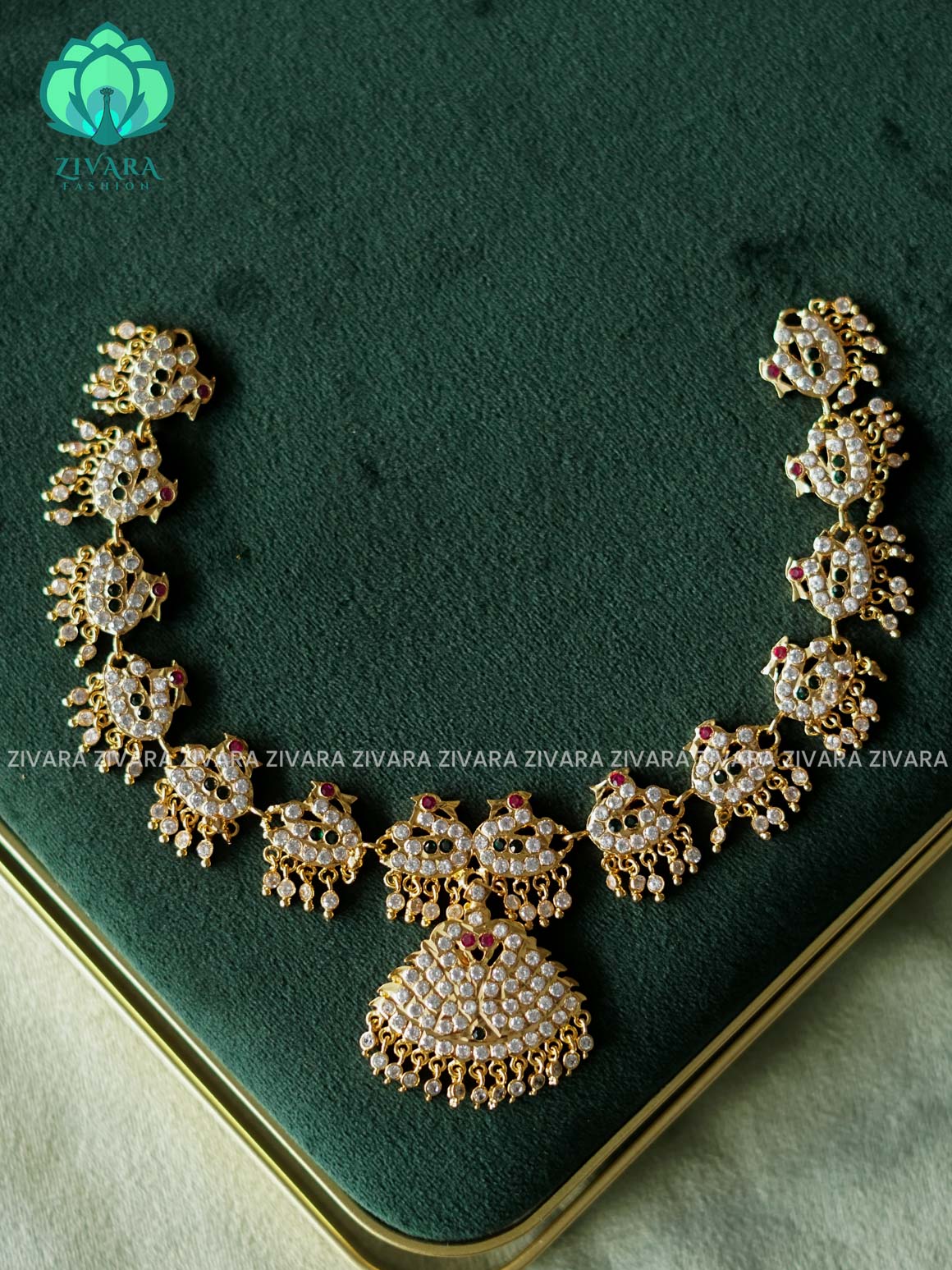AMBIGAI-RUBY GREEN WHITE STONE PEACOCK MOTIF MICROGOLD POLISH ATTIGAI WITHout EARRING - Zivara Fashion- latest jewellery desigN